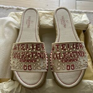 Valentino Garavani Cream and Red Espadrille Slides
